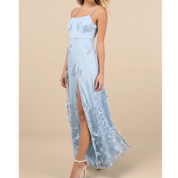 Lulus NWOT Abundant Charm Light Blue 3D Floral Applique Sheer Maxi Dress XL - Picture 2 of 10